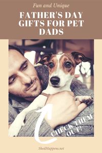 man in a grey sweater holding onto a small brown and white Jack Russell dog with the title Father's Day gifts for pet dads
