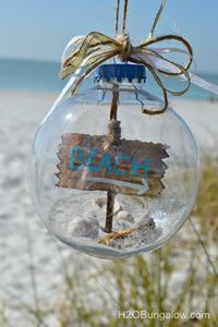 DIY beach themed Christmas tree ornament filled with sand, shells, driftwood and starfish www.H2OBungalow.com