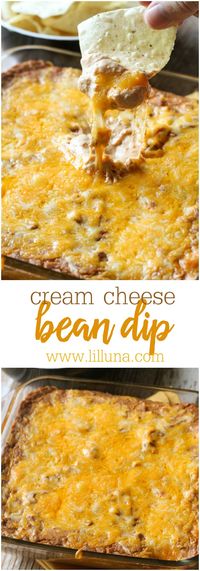 This Cream Cheese Bean Dip recipe is our new favorite Mexican dip! With sour cream, cream cheese, Mexican cheese, refried beans, and salsa, it is the perfect dip to eat with chips, tacos, or any other Mexican dish! SOO good!!