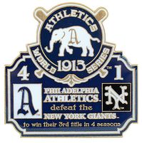 Buy this officially licensed 1913 World Series Commemorative Pin - Athletics vs. Giants and add it to your World Series History Commemorative Pin Set. Each pin is individually numbered and measures at 1.5". This World Series History Pin Set has been development for years and is finally being released and will no doubt be the most popular sort after MLB pins on the planet.