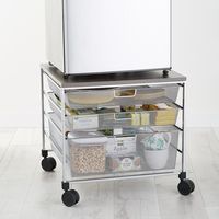 The perfect accessory for a mini refrigerator in a dorm room, office...anywhere! It features drawers for holding snacks, napkins or plates. The tight mesh and closed corners of the drawers prevent smaller items from falling through. Plus, the wheels make it mobile.