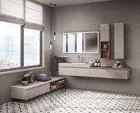 Vertigo decorative melamine vanity units. Landscape Oak decorative melamine open-fronted elements. Vertigo laminate top with Plaza Ocritech® built-in washbasin.