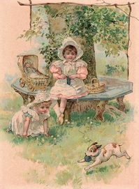 I ❤ vintage ephemera . . . Sweet Play- I scanned this after cleaning the picture frame and glass...the note tucked inside said, "This was cut from a childrens book, circa 1900,,,"Happy Playmates". It had part of a story on the back as the next picture shows.