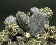 Andorite with Pyrite and Zinkenite, San José Mine, Oruro City, Cercado Province, Oruro Department Bolivia. Specimen size 4.3 × 3.6 × 2.6 cm. Main crystal size 1.7 × 1.1 cm.
