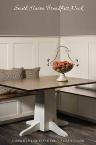 The South Haven solid wood #corner #breakfast #nook creates a cozy space for a leisurely brunch, delicious lunch or family dinner. The kitchen table can be optionally two toned for a maple and white breakfast nook with the warm feel of 50’s style furniture. This kitchen dining nook features a corner storage bench and table.
