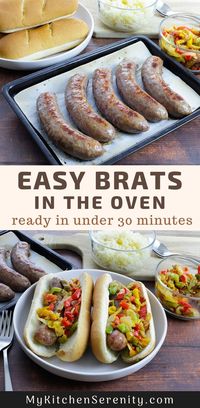 For a quick and easy dinner, cooking bratwurst in the oven requires only a few easy steps. Serve this famous German sausage with sauerkraut or pepper and onions. It doesn't get any easier than placing brats on a baking sheet in the oven! Oven-baked bratwurst is an easy family dinner recipe.