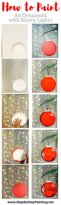 Step by Step Painting.Net. How To Paint Ornament with Bokeh Blurry Lights - Tracie's Acrylic Canvas Tutorials. EASY tutorial for beginner.