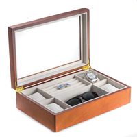 Cherry Wood Valet and Watch Box with Glass Top and Soft Velour Lining. Slots for Rings and Cufflinks and 4 Watch Pillows.