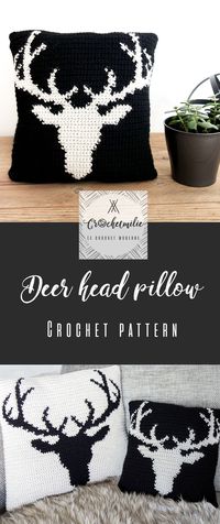 CROCHET PATTERN by CROCHETMILIE - Deer head pillow 1 pillow cover. 2 sizes included ----------- decorative pillow / coussin decoratif / tete de chevreuil / rustic decor rustique DIY
