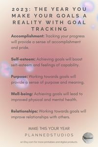 Tired of feeling unorganized and unable to achieve your goals? Our goal tracking sheet is here to help. With clear, actionable steps and a focus on motivation and accountability, it's the perfect tool to keep you on track and achieve your dreams in 2023. Whether you want to improve your health, relationships, career, or anything else, our goal tracking sheet is the ultimate guide to success. So don't wait! Start using it today and take the first step towards a brighter future.