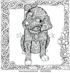 Cute Little Patterned Puppy Dog Portrait On White Background Hand Drawn Illustration Doodle Style In