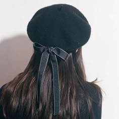 YoungG-3D Womens Pu Leather Beret Harajuku Wool Basque Beret Solid Letter Hat with Bowknot Black Hats