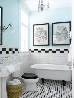 I find this bathroom to be extremely stylish. To the claw foot tub and the black and white subway tiles...to the hint of powder blue paint as a little splash of color on the wall to keep the room fresh, this bathroom maintains the authenticity and character of this part of the home. Love the mini chandelier as well.  |Caption by Jenn Brown Beautiful Bathroom Designs, White Bathroom Designs, White Bathroom Tiles, Design Bathroom, Turquoise Bathroom, Luxury Bathrooms