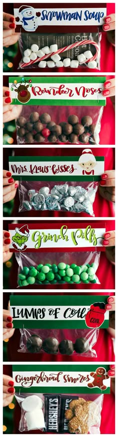 6 Homemade and Easy Christmas Gifts and Free Printable Toppers ~ These candies/treats are put in a snack-size ziplock bag and you can staple on the FREE printable bag toppers! Christmas Treat Gifts, Christmas Goody Bags, Diy Christmas Treats, Christmas Candy Gifts, Easy Christmas Gifts