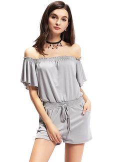 LEANI Women/’s Summer Off Shoulder Ruffle Rompers Strapless Elastic Waist Short Jumpsuit with Pockets