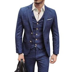 Marc Darcy Herrenanzug 3 Teilig Blau Kariert Fischgr/äte Tweed Design Vintage Retro
