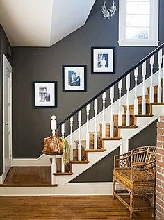 Love The Wall Color A Rich Cocoa Makes Small Entryway Seem Grand Black Semigloss Paint On Railing And Accents Of Crisp White Create Bold Love The Wall Color A Rich Cocoa Makes Small Entryway Seem Grand Black Semigloss Paint On Railing And Accents Of Crisp White Create Bold