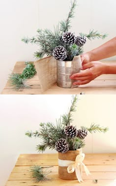 Cônes et branches en pin recouverts de neige de 3 minutes bricolage {3 façons!} - un morceau d'arc-en-ciel Diy Christmas Table, Diy Christmas Centerpieces, Christmas Table Decorations Centerpiece, Christmas Table Decorations Diy, Christmas Table Centrepieces