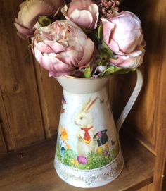 Galvanized Metal Pitcher Jug Hand Painted With White Rabbit Decoupage Decorative Vase Home Decor Perfect Gift Galvanized Metal Pitcher Jug Hand Painted With White Rabbit Decoupage Decorative Vase Home Decor Perfect Gift