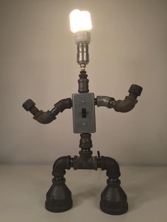 Sculptural Art Black Pipe And Reclaimed Wood Table Desk By Industro Rustro Steampunk Robot Desk Lamp Light Art Machine Age Salvage Ooak