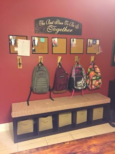 11 Backpack Storage Ideas When You Don T Have A Mudroom Best Of Backpack Station Bulletin Boards For Each Kid With Their Picture And Pins Notes Mail School Papers Etc Ikea Bookshelf Laid On Side Bench