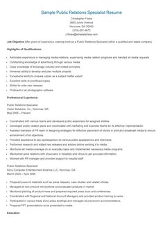 public relations specialist resume