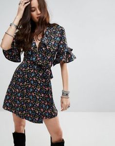 Honey Punch Wrap Front Dress With Ruffle Trim In Vintage Floral