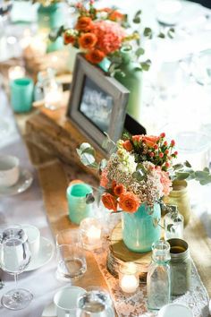 41 Best Turquoise Salmon And White Pastel Wedding Images Ideas For Centrepieces Using Florwers And Country Style Jars As Vases Wedding Centerpieces Colorful