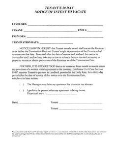printable sample tenant 30 day notice to vacate form real estate