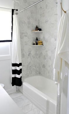 Complete Source List For Black White Gold And Marble Bathroom Grey Marble Hex Tiles Over The Bathtub