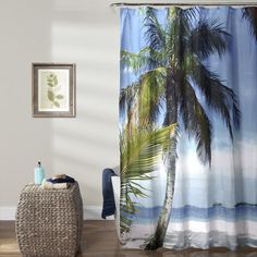 Beach Shower Curtain W//Modern Twist Shells 70/" x 72/" With Hooks-NEW Palm Trees