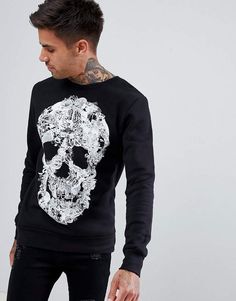 Designer BOLONGARO TREVOR Black Skull Graphics Sweatshirt Jumper size L