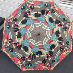 vintage inspired rain umbrella Wooden shaft and handle. Large 70s style geometric print canopy The Zeta