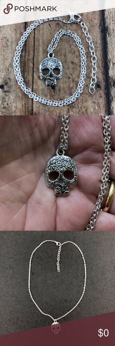 Skull Pendant//Necklace Gold//Silver Large Flat Sugar Skull Charm Chain Sm Enamel
