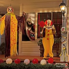 make the perfect carnival setting with a border of red white balloons a large evil clown cutout globe string lights - Scary Clown Halloween Decorations make the perfect carnival setting with a border of red white balloons a large evil clown cutout globe string lights - Scary Clown Halloween Decorations