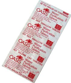 each tablet treats 20 litres water 10 Tablets x 167mg Oasis Water Purification