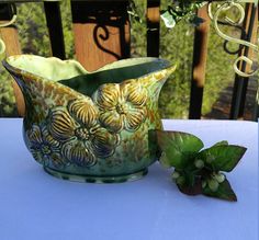 vintage drip glaze golden yellow ombre planter with pedastal