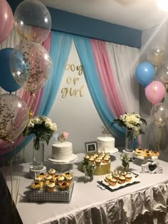 Boy or Girl Gender Reveal. Blue, pink, white and gold.