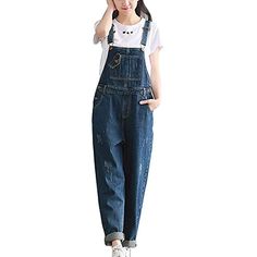 Runyue Damen Jeans-Latzhose Lange Baggy Casual Vintage Denim Overall Jumpsuit Playsuit