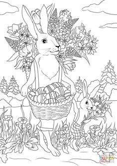 Rabbit Father With His Son Are Carrying Festive Baskets Full Of Easter Eggs And Flowers Coloring Page From Category