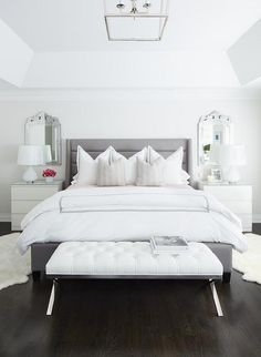 742 Best Beautiful Beds Images In 2019 Bedroom Inspo Dream A White Leather Tufted Bench Is Placed In Front Of Gray Channel Bed Dressed