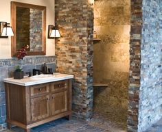 Rustic Bathroom Showers walk through shower behind the wall containing the fireplace Rustic Bathroom Showers walk through shower behind the wall containing the fireplace