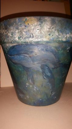 Handpainted Terracotta Flower Planter Pot Day and Night Tropical Ocean Double Sided