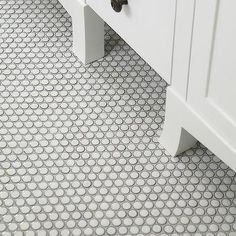 White Penny Tile With Black Grout Bathrooms Pinterest Chic Bathroom Features A White Washstand Atop Blue Penny Tile Floor Ann Sacks Savoy Accented With Gray Grout Laticrete Silver Shadow