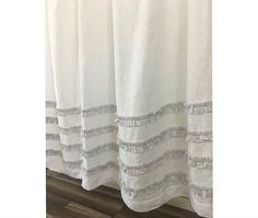 White Linen Shower Curtain With Grey Ticking Stripes 4 Rows Of Ruffles 72x72 72x85