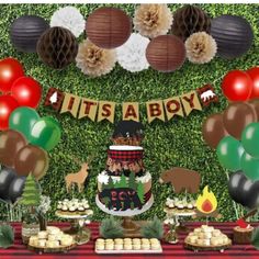 Deer Bears Trees Axe Cake Table Decor Table Confetti Red and Black Plaid Buffalo Plaid Confetti Lumberjack Confetti