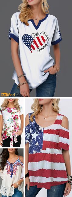 white top, printed, short sleeve, summer outfit. Fourth Of July Shirts, 4th Of July Outfits, Summer Outfits, Cute Outfits, July 4th, Cheap Tops Online, Trendy Tops For Women, Cute Woman, Sewing Clothes