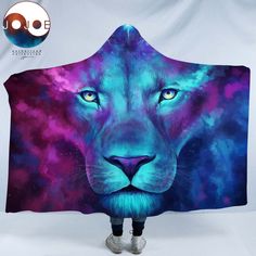 Wearable Hooded Blanket Vivid Lion Vibrant Animal Red Blue Super Soft Digital Print Hooded Throw Wrap Premium Fleece Warm Hooded Blanket Hooded Cloak for Adults and Children