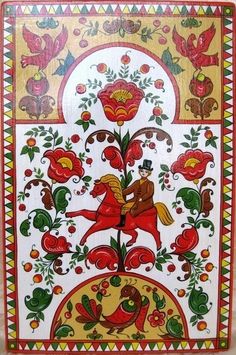 Folk painting from Northern Russia. Floral pattern with a horseman and birds.