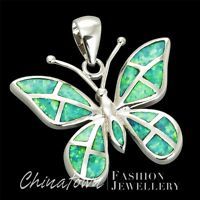 1/" Wide Butterfly Kiwi Green Fire Opal Inlay Silver Jewelry Necklace Pendant